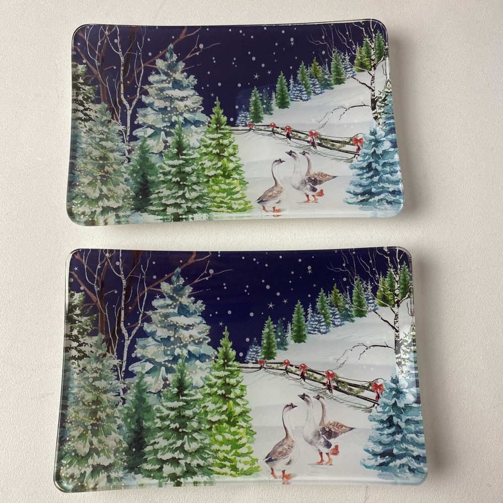 x2 Michel Design Works Glass Trinket / Soap Dish Christmas Snow **minor cracks**